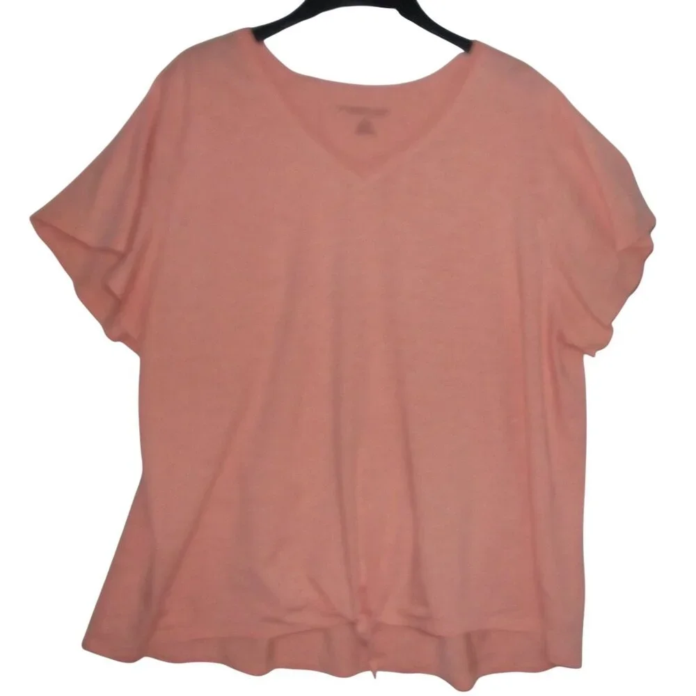 The Sweatshirt Project T-shirt Womens 3X Coral Peach Tie Front short sleeve v-ne - Picture 1 of 7